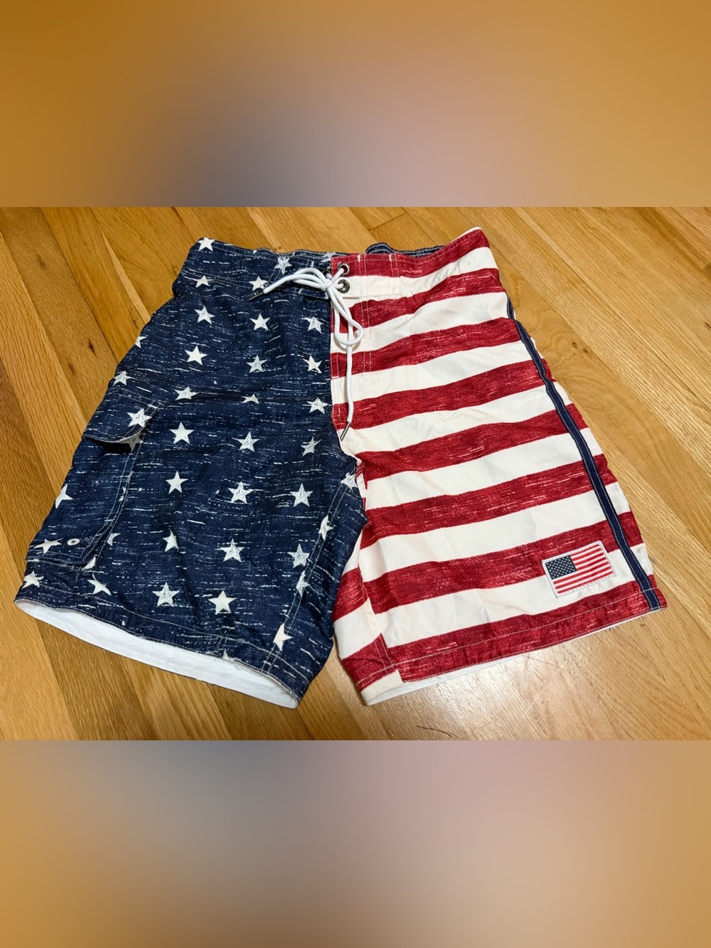 Men’s Small American Flag Swim Trunks Patriotic USA Board Shorts Red White Blue